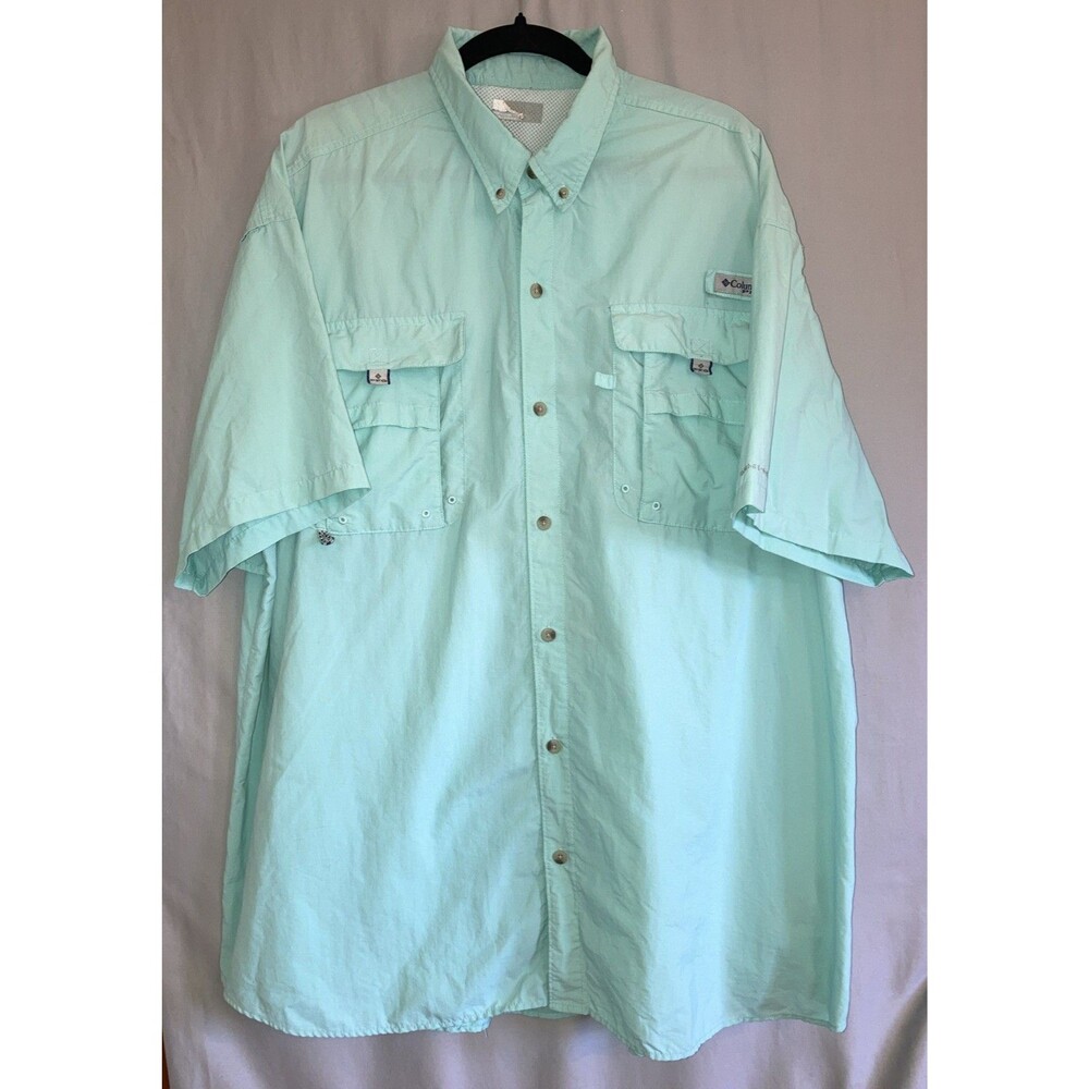 Columbia PFG Mens Big 1X Short Sleeve Button Down Aqua Blue Vented Shirt Fishing